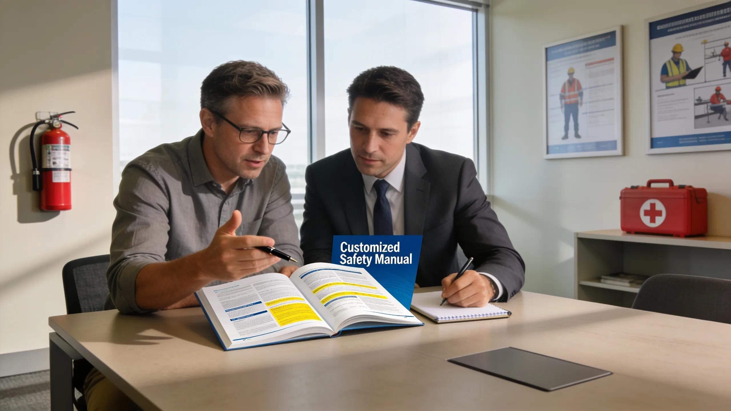 33dcb1c5-2276-415d-ac73-84d43bf7ef56.webp Business professionals reviewing customized safety manual and management system for workplace compliance.