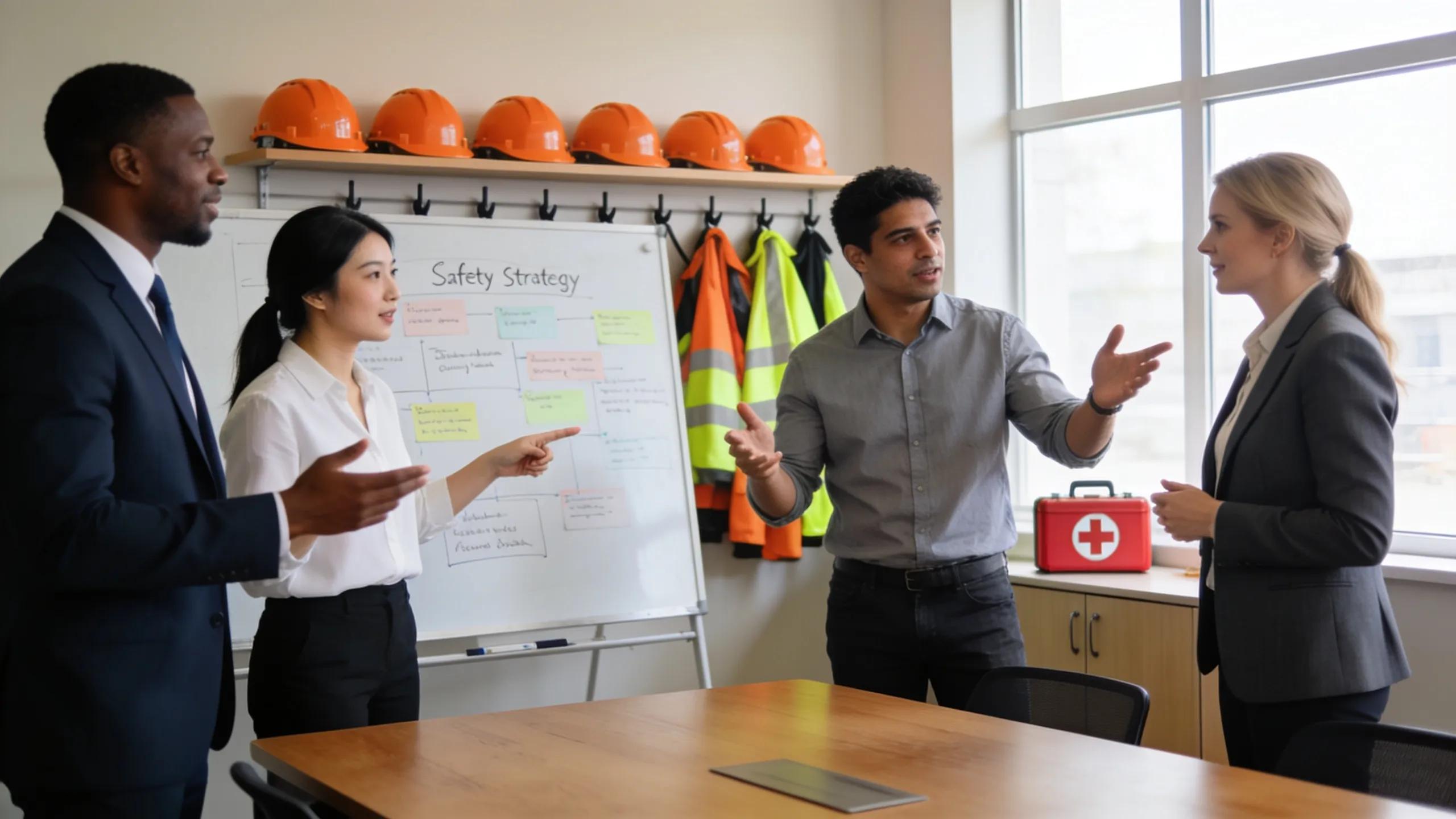 Safety strategy discussion with team, OSHA compliance and workplace safety consulting.