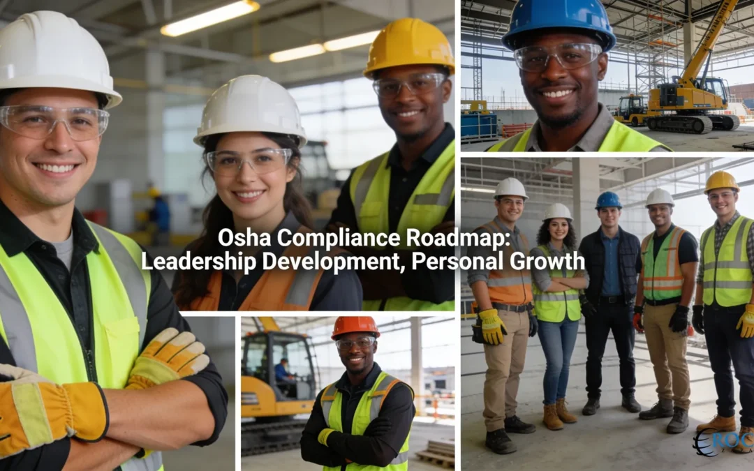 Construction safety professionals wearing hard hats and safety vests, OSHA compliance training and leadership development.