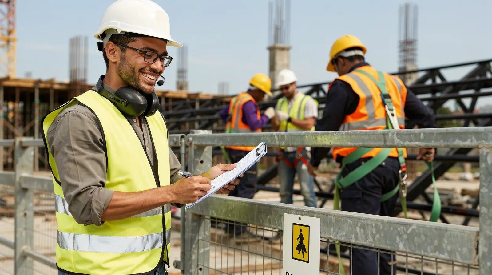 Construction site safety inspection with clipboard and hazard signage, illustrating workplace hazard assessment and OSHA