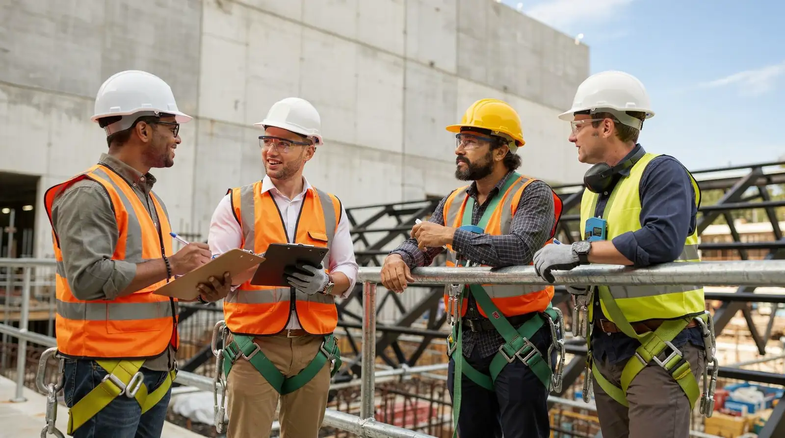 Construction site safety assessment and training with workers and supervisors reviewing hazard documentation.