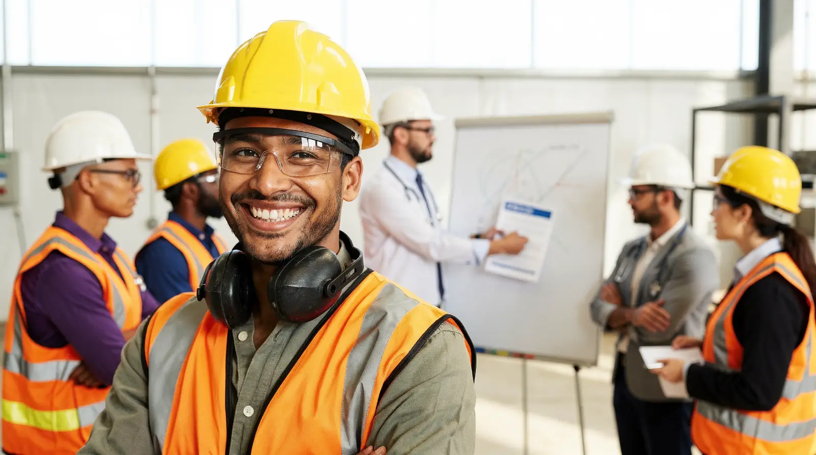 Construction worker in hard hat and safety vest leading industrial safety training session and hazard