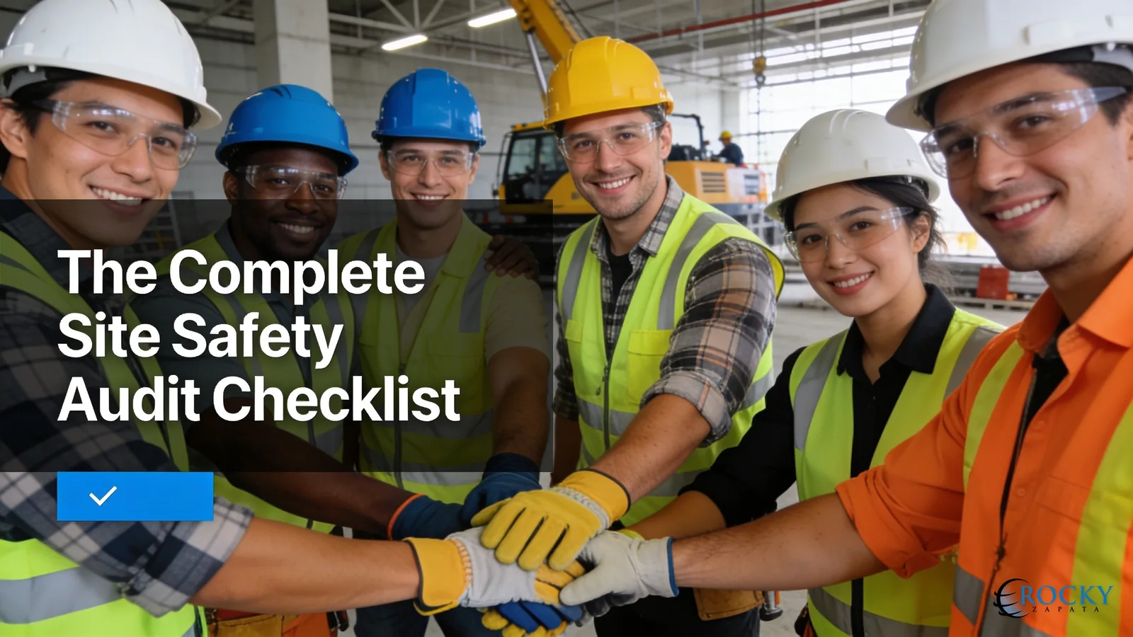 Group of construction workers in hard hats and safety vests demonstrating teamwork and site safety