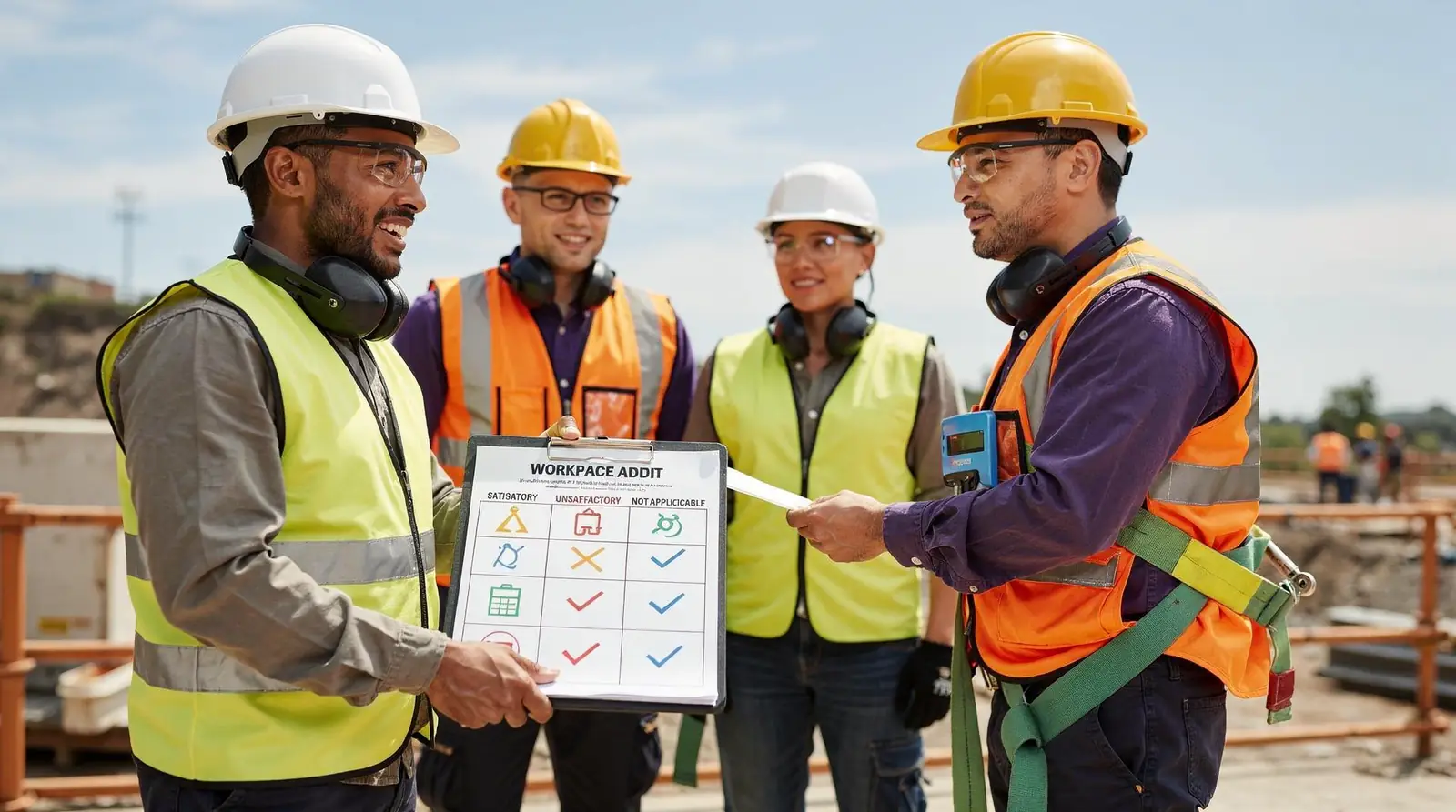 Construction workers conducting workplace safety audit, checklist displaying rating system.