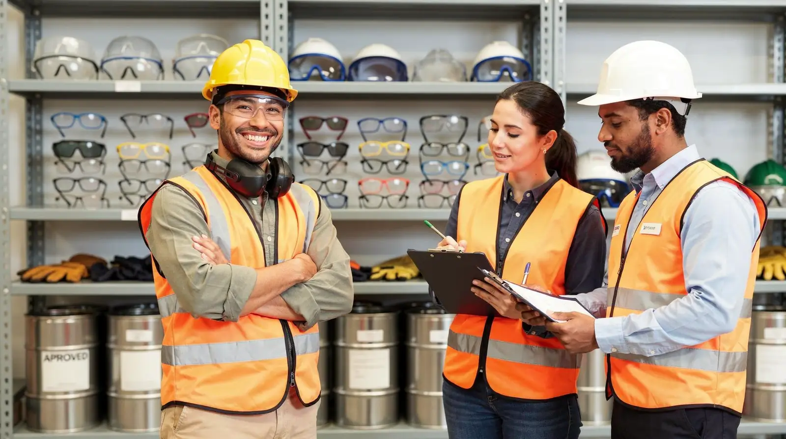 Safety inspection team reviewing personal protective equipment and checklist for OSHA compliance.