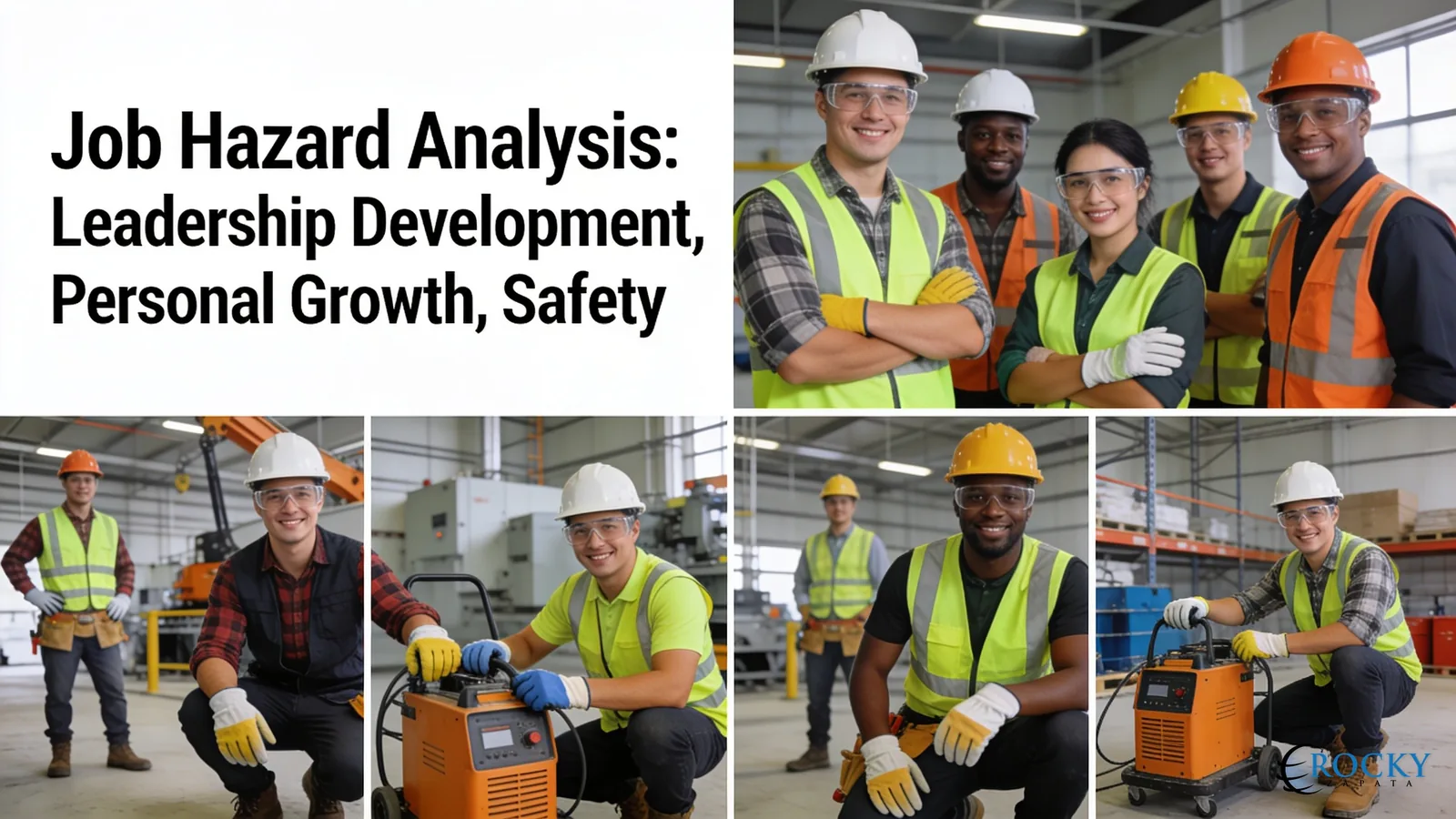 Construction workers in hard hats and safety vests demonstrating job hazard analysis and safety compliance.
