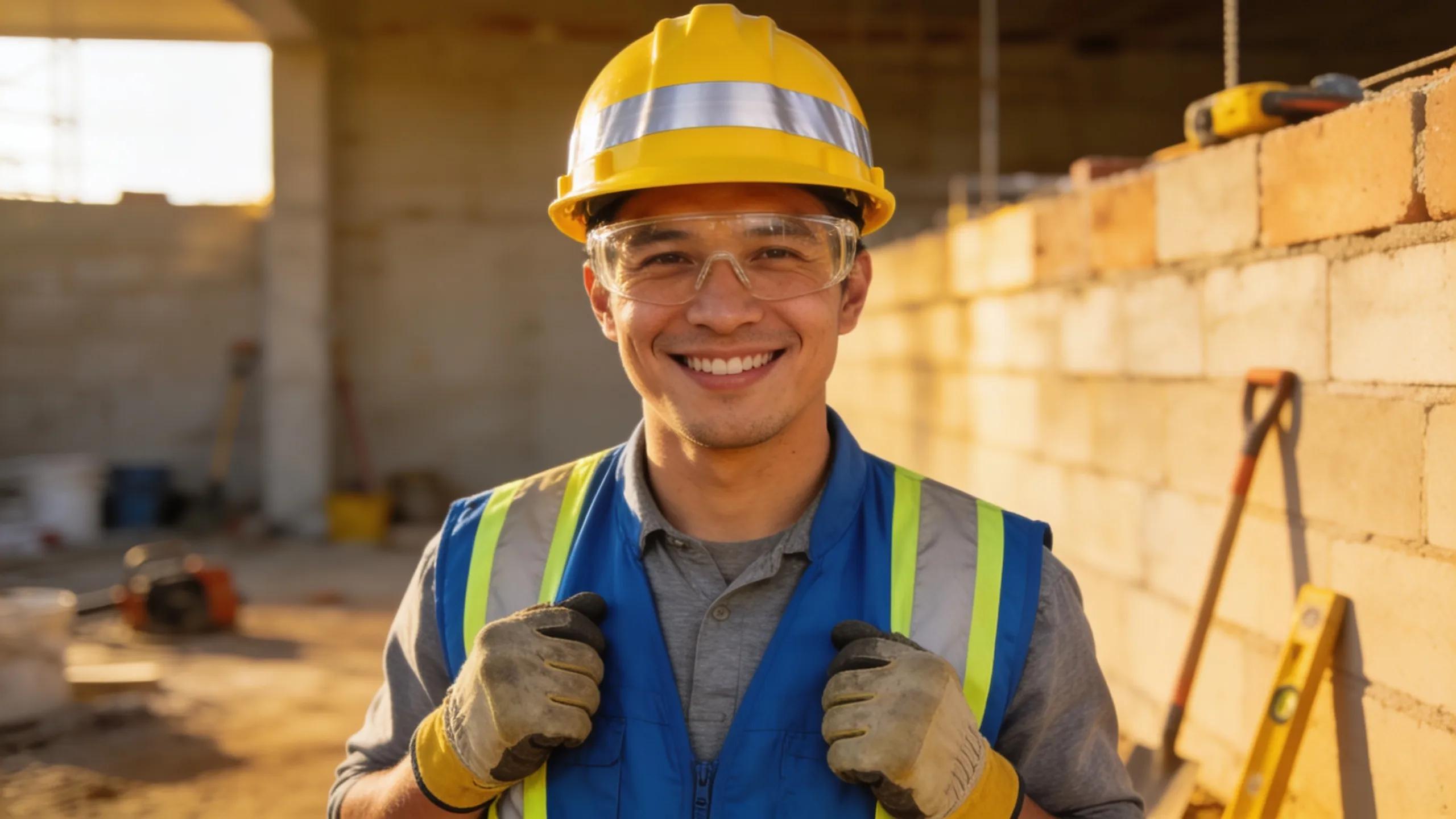 Smiling construction worker in safety gear with hard hat and goggles