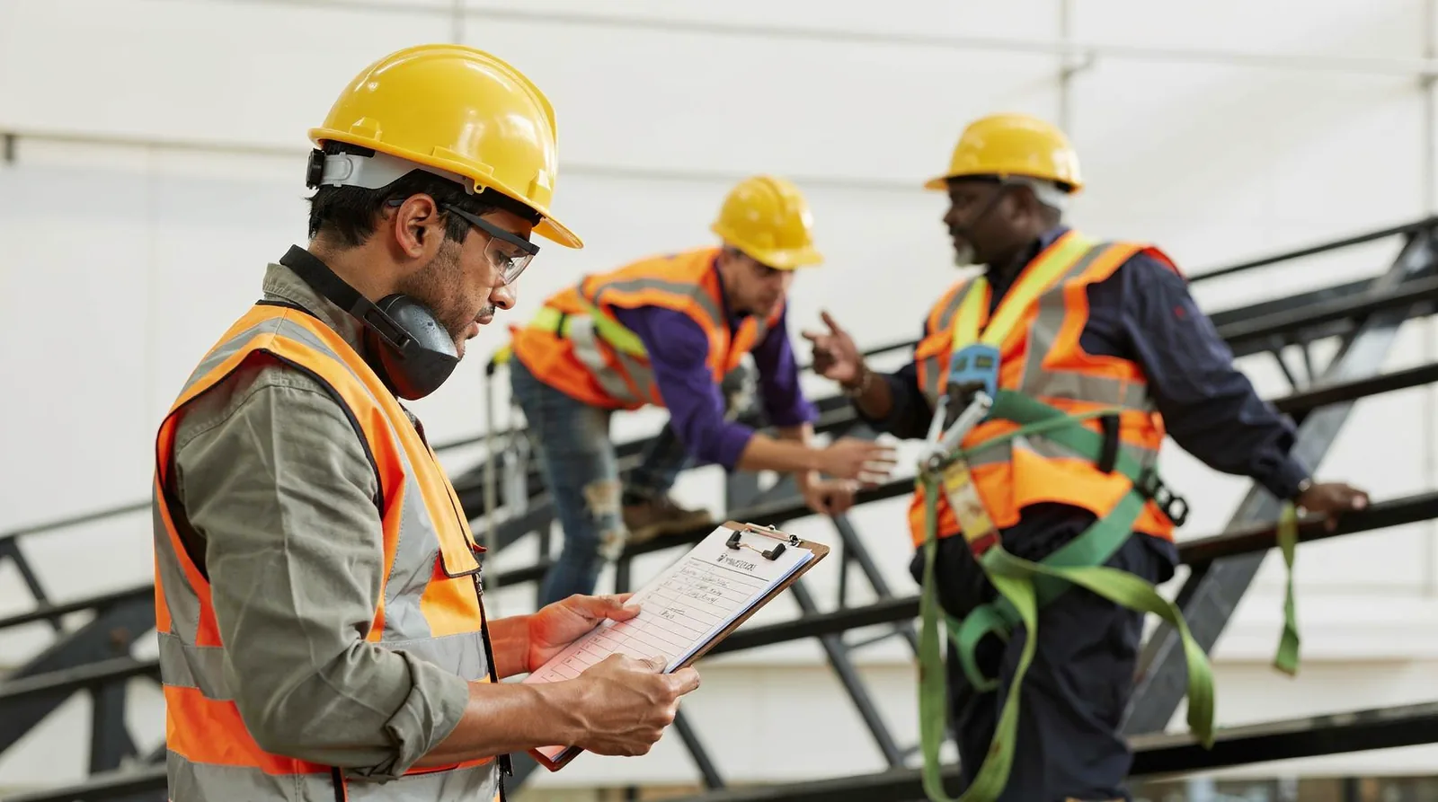 Construction site safety manager reviewing a checklist while workers perform tasks, illustrating workplace hazard identification