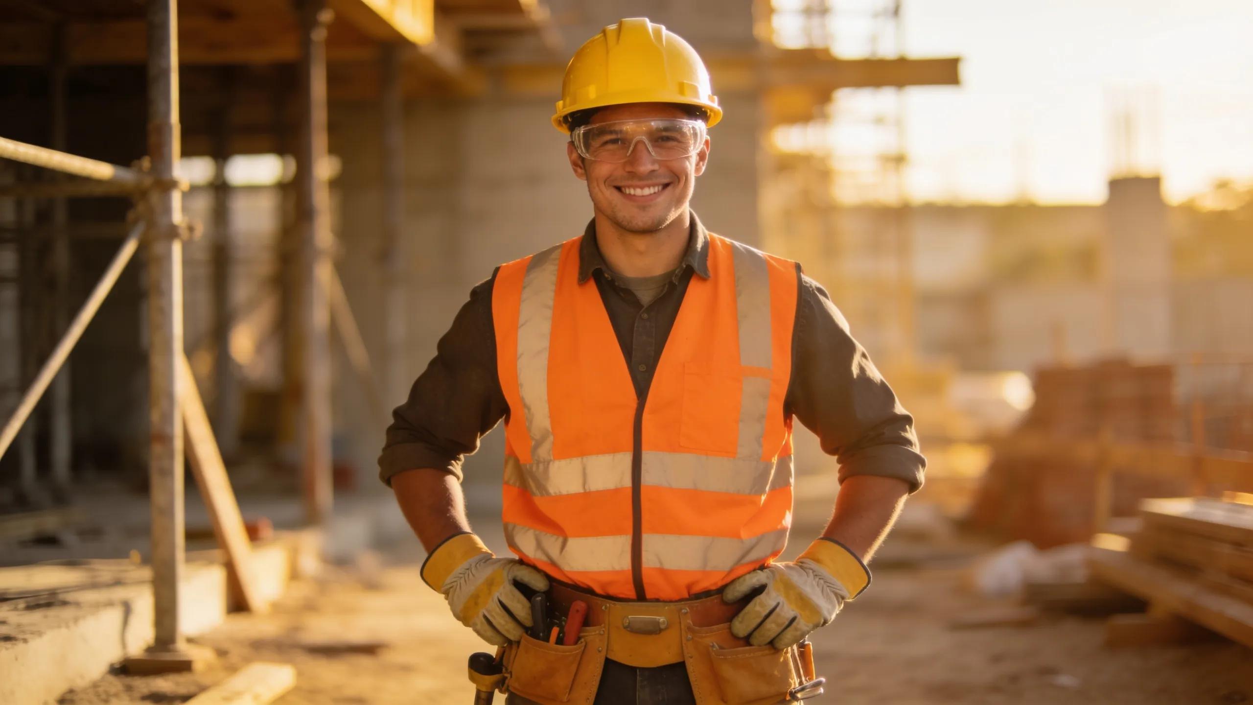 Smiling construction worker in safety gear with hard hat and goggles